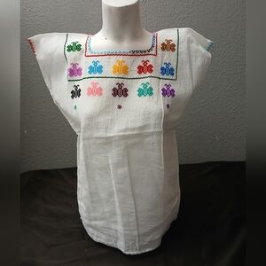 Embroidered White Blouse with Multicolor Accents